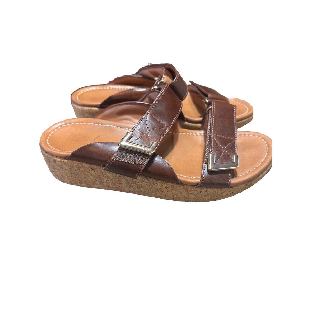 Leather sandals woman FitFlop Remi Adjustable Slides Sz 10 Brown/tan StyleBL6167